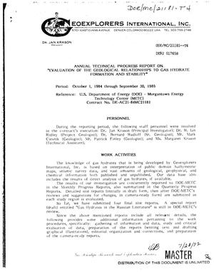 Evaluation of the geological relationships to gas hydrate formation and stability. Annual technical progress report, October 1, 1984--September 30, 1985
