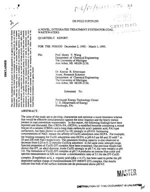 A Novel, Integrated Treatment System for Coal Wastewaters. Quarterly Report, December 2, 1992--March 1, 1993