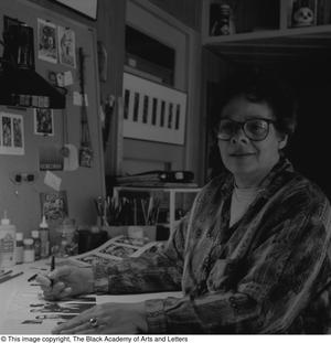 [Artist Jean Lacy working in studio #3]