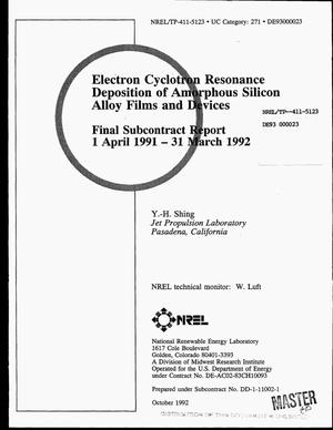 Primary view of object titled 'Electron cyclotron resonance deposition of amorphous silicon alloy films and devices. Final subcontract report, 1 April 1991--31 March 1992'.
