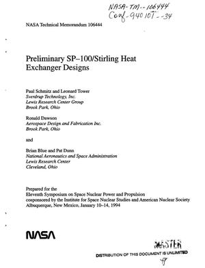 Preliminary SP-100/Stirling heat exchanger designs