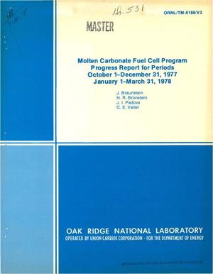 Molten Carbonate Fuel Cell Program Progress Report for Periods October 1-December 31, 1977 January 1-March 31, 1978