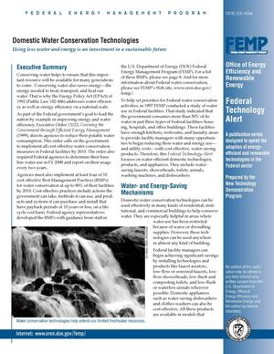 Domestic Water Conservation Technologies: Federal Energy Management Program (FEMP) Federal Technology Alert (Booklet)