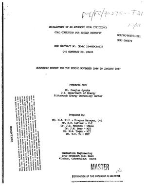 Development of an advanced high efficiency coal combustor for boiler retrofit. Quarterly report, November 1986--January 1987