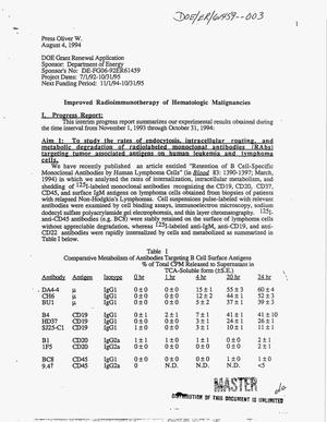 Improved radioimmunotherapy of hematologic malignancies. Progress report, November 1, 1993--October 31, 1994