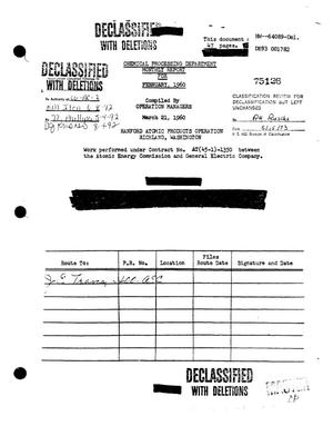 Chemical Processing Department monthly report for February 1960
