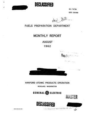Fuels Preparation Department monthly report, August 1962