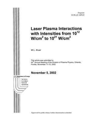 Laser Plasma Interactions at Intensities from 10{sup 12}W/cm{sup 2} to 10{sup 21} W/cm{sup 2}