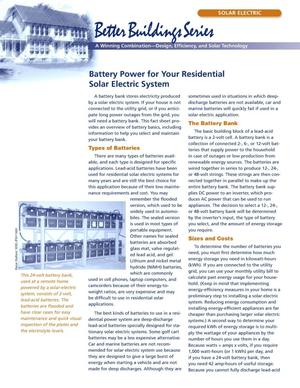 Battery Power for Your Residential Solar Electric System: Better Buildings Series Solar Electric Fact Sheet