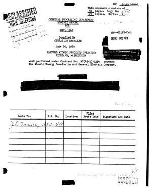 Chemical Processing Department monthly report for May 1960