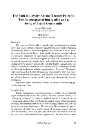 The Path to Loyalty Among Theater Patrons:  The Importance of Interaction and a Sense of Brand Community