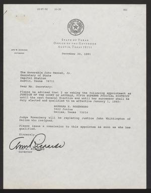 [Letter to John Hannah, Jr. from Ann W. Richard, December 30, 1991]