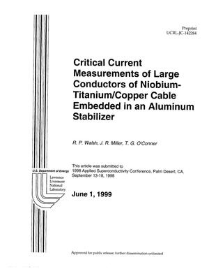 Critical current measurements on large conductors of niobium-titanium/copper cable embedded in an aluminum stabilizer