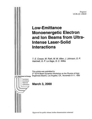 Low-emittance monoenergetic electron and ion beams from ultra-intense laser-solid interactions
