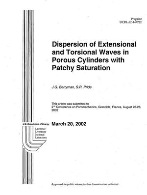 Dispersion of Extensional and Torsional Waves in Porous Cylinders with Patchy Saturation