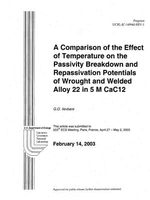 A Comparison of the Effect of Temperature on the Passivity Breakdown and Repassivation Potentials of Wrought and Welded Alloy 22 in 5 M CAC12