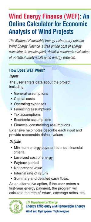 Wind Energy Finance (WEF): An Online Calculator for Economic Analysis of Wind Projects