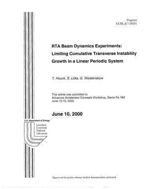 Primary view of object titled 'RTA beam dynamics experiments: limiting cumulative transverse instability growth in a linear periodic system'.