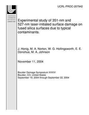 Experimental study of 351-nm and 527-nm laser-initiated surface damage on fused silica surfaces due to typical contaminants