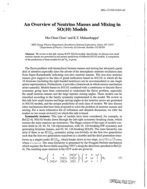 An Overview of Neutrino Masses and Mixing in SO(10) Models.