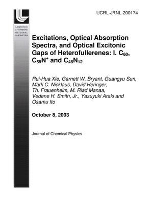 Excitations, optical absorption spectra, and optical excitonic gaps of heterofullerenes: I. C60, C59N+ and C48N12