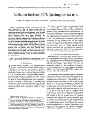 Radiation Resistant Hts Quadrupoles for Ria.