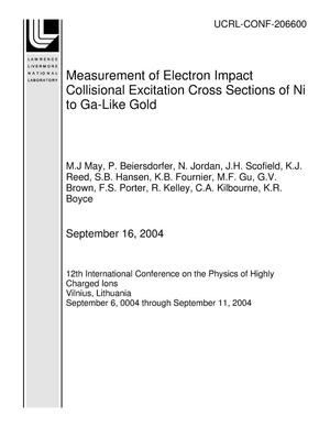Measurement of Electron Impact Collisional Excitation Cross Sections of Ni to Ga-Like Gold