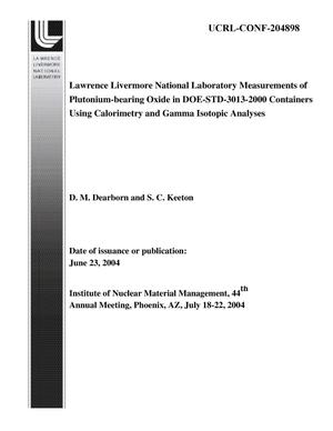 Lawrence Livermore National Laboratory Measurements of Plutonium-bearing Oxide in DOE-STD-3013-2000 Containers Using Calorimetry and Gamma Isotopic Analyses