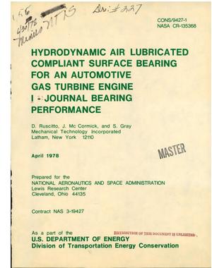 Hydrodynamic air lubricated compliant surface bearing for an automotive gas turbine engine. I. Journal bearing performance