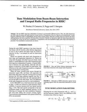TUNE MODULATION FROM BEAM BEAM INTERACTION AND UNEQUAL RADIO FREQUENCIES IN RHIC.
