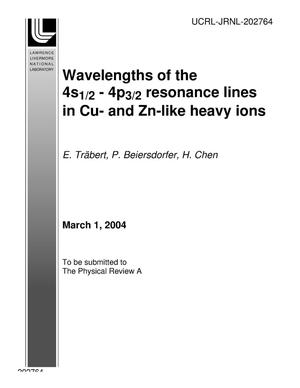 Wavelengths of the 4s1/2 - 4p3/2 resonance lines in Cu- and Zn-like heavy ions