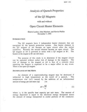 Analysis of quench properties of the Q3 magnets with and without open circuit heater elements