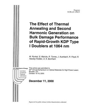Primary view of object titled 'Effect of Thermal Annealing and Second Harmonic Generation on Bulk Damage Performance of Rapid-Growth KDP Type I Doublers at 1064 nm'.