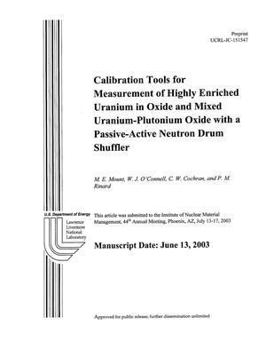 Calibration Tools for Measurement of Highly Enriched Uranium in Oxide and Mixed Uranium-Plutonium Oxide with a Passive-Active Neutron Drum Shuffler