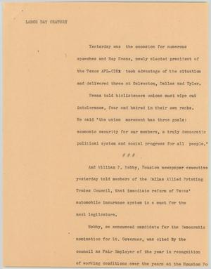 Primary view of object titled '[News Script: Labor day oratory]'.