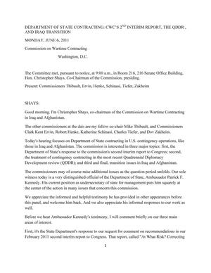 Primary view of object titled 'Transcript of Commission on Wartime Contracting in Iraq & Afghanistan Hearing: June 6, 2011'.