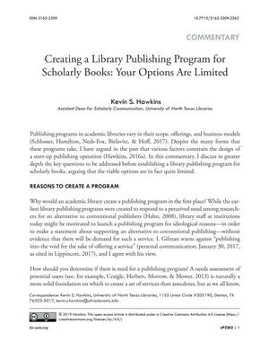Primary view of object titled 'Creating a Library Publishing Program for Scholarly Books: Your Options Are Limited'.