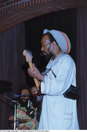 [Medium shot of unknown reggae musicians performing onstage]