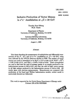 Inclusive production of vector mesons in e/sup +/e/sup minus/ annihilation at. sqrt. s = 29 GeV