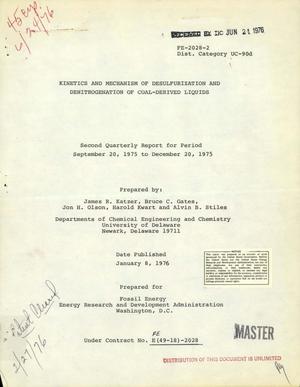 Kinetics and mechanism of desulfurization and denitrogenation of coal-derived liquids. Second quarterly report, September 20, 1975--December 20, 1975. [Aged CoO-MoO/sub 3/-SiO/sub 2/-Al/sub 2/O/sub 3/ catalyst pellets used in single-stage liquefaction and hydrosulfurization of coal]