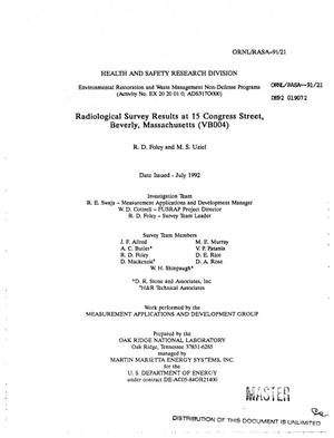 Radiological survey results at 15 Congress Street, Beverly, Massachusetts (VB004)