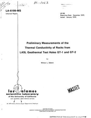 Preliminary measurements of the thermal conductivity of rocks from LASL geothermal test holes GT-1 and GT-2