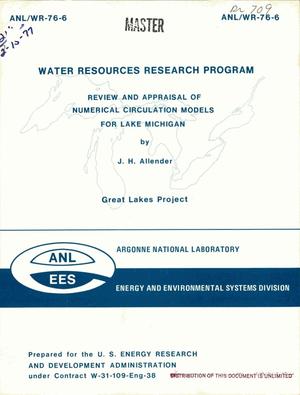 Water Resources Research Program: review and appraisal of numerical circulation models for Lake Michigan