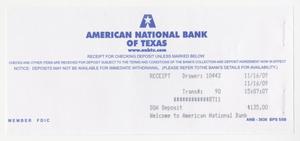 [American National Bank of Texas receipt for checking deposit]