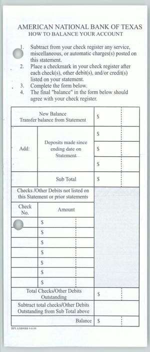 American National Bank of Texas "How to Balance Your Account"