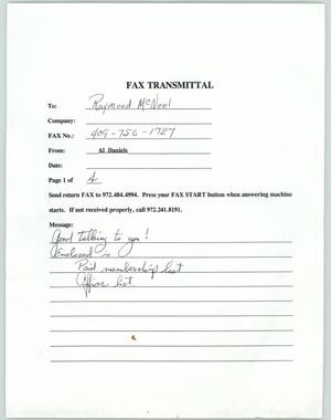 Primary view of object titled '[Fax from Al Daniels to Raymond McNeel]'.