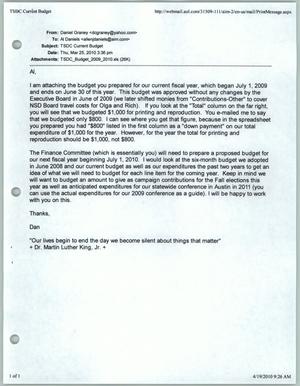 Primary view of object titled '[Email from Daniel Graney to Al Daniels about TSDC budget]'.