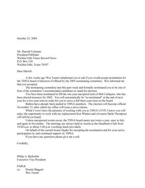 [Letter from Philip A. Berkebile to Darrell Coleman, October 25, 2004]