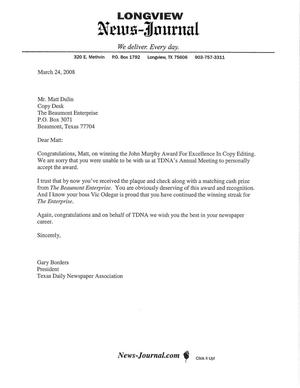 [Letter from Gary Borders to Matt Dulin, March 24, 2008]