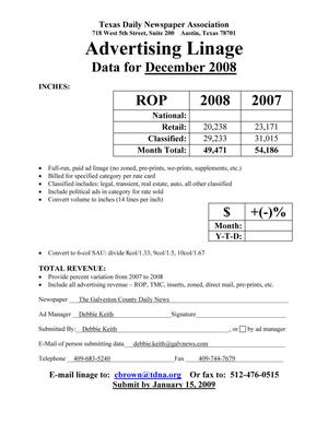 [TDNA Advertising Linage Report for The Galveston County Daily News, December 2008]